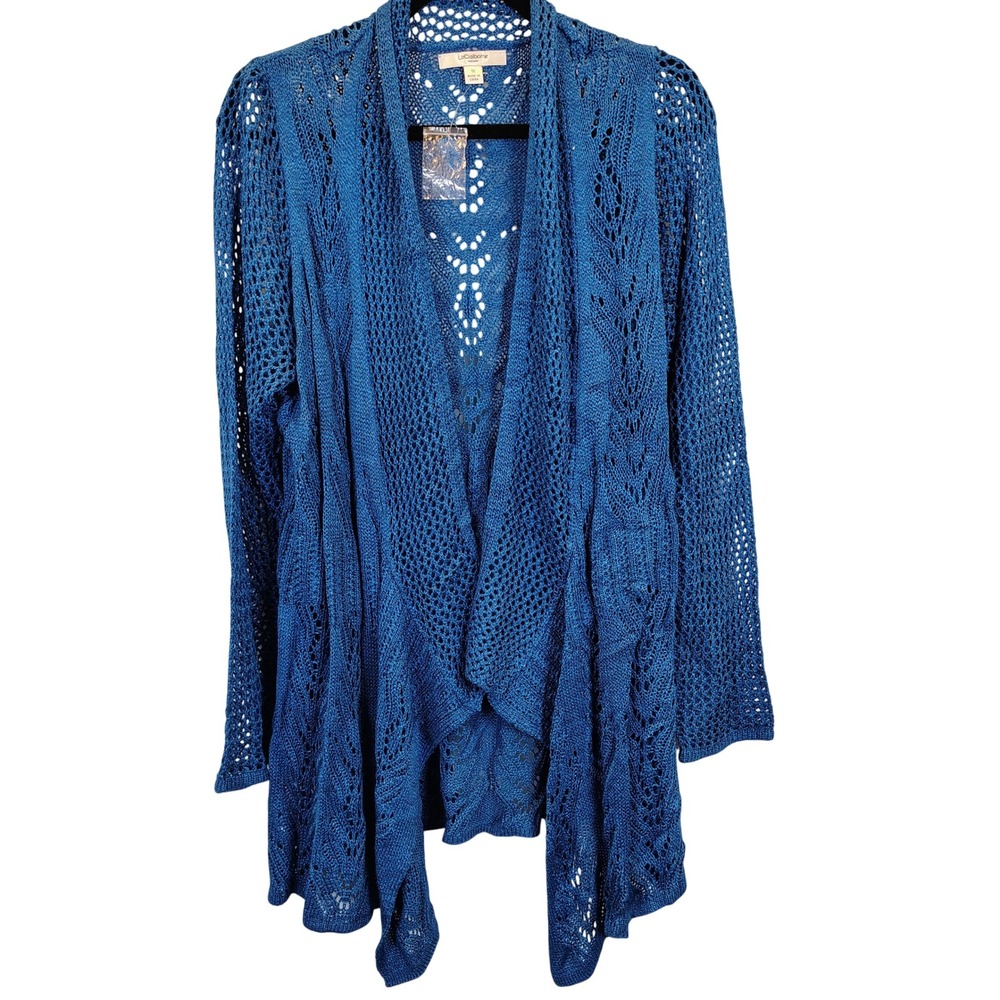 NWT Liz Claiborne Womens 1X Open Knit Waterfall Cardigan Blue Boho Crochet